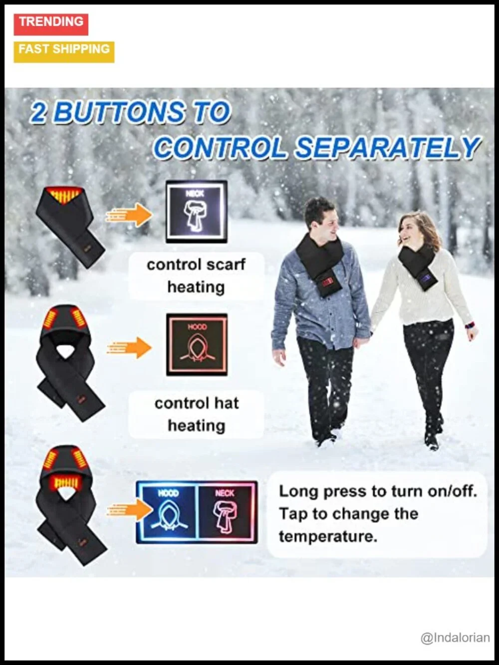 Heated Scarf with Hidden Hat, Rechargeable Battery, 3 Heat Settings, Winter